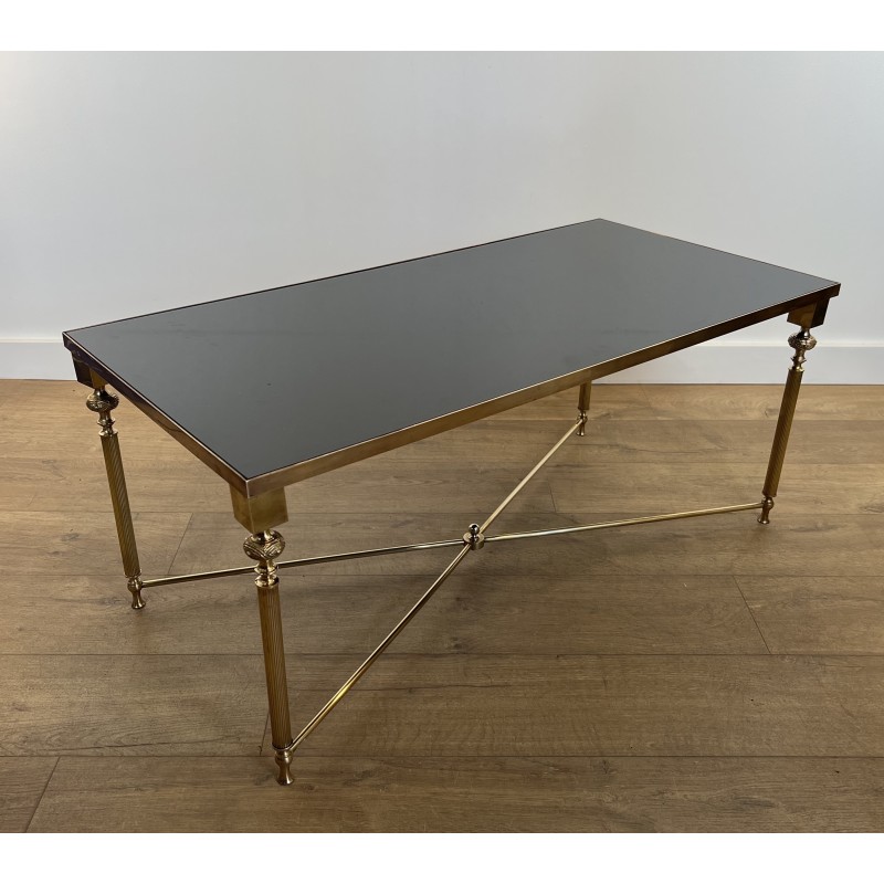 Table Basse Rectangulaire en Laiton et Plateau de Verre Laqué Noir, dans le Goût de la Maison Jansen, Vers 1940