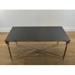 Rectangular Brass Coffee Table with Black Lacquered Glass Top, in the Style of Maison Jansen, Circa 1940