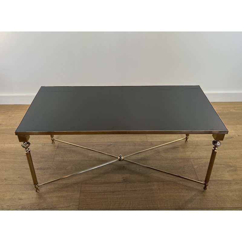Table Basse Rectangulaire en Laiton et Plateau de Verre Laqué Noir, dans le Goût de la Maison Jansen, Vers 1940