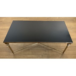 Rectangular Brass Coffee Table with Black Lacquered Glass Top, in the Style of Maison Jansen, Circa 1940