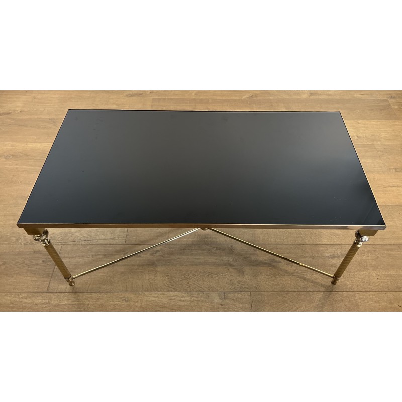 Table Basse Rectangulaire en Laiton et Plateau de Verre Laqué Noir, dans le Goût de la Maison Jansen, Vers 1940