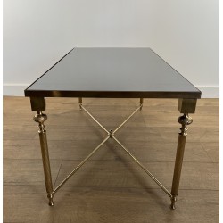 Table Basse Rectangulaire en Laiton et Plateau de Verre Laqué Noir, dans le Goût de la Maison Jansen, Vers 1940