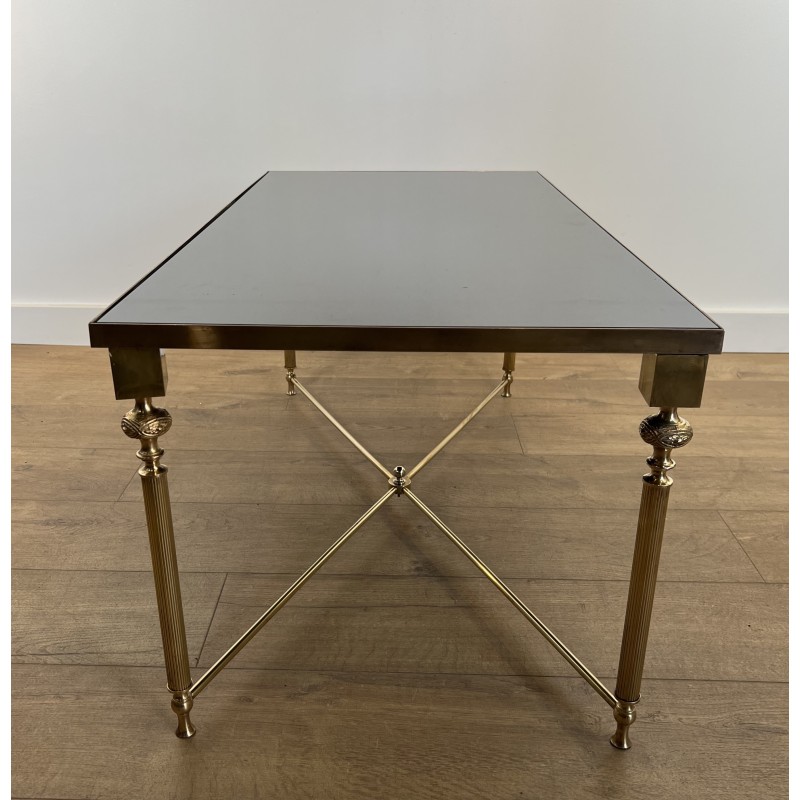 Table Basse Rectangulaire en Laiton et Plateau de Verre Laqué Noir, dans le Goût de la Maison Jansen, Vers 1940