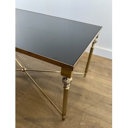 Table Basse Rectangulaire en Laiton et Plateau de Verre Laqué Noir, dans le Goût de la Maison Jansen, Vers 1940