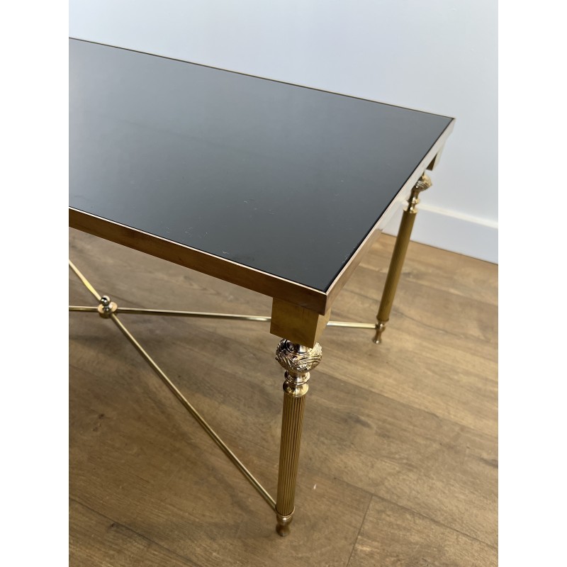 Table Basse Rectangulaire en Laiton et Plateau de Verre Laqué Noir, dans le Goût de la Maison Jansen, Vers 1940