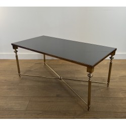 Rectangular Brass Coffee Table with Black Lacquered Glass Top, in the Style of Maison Jansen, Circa 1940