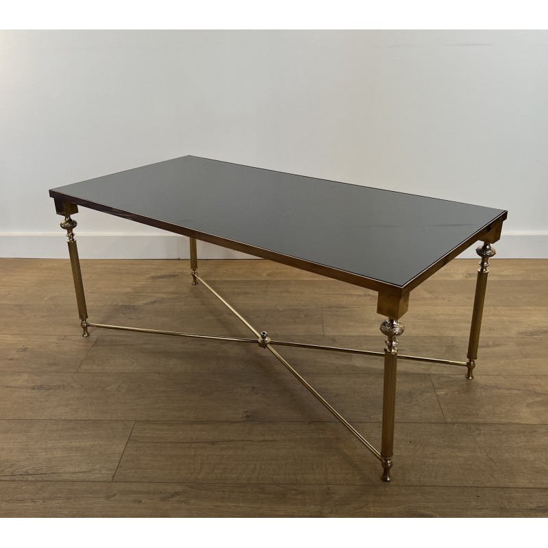 Table Basse Rectangulaire en Laiton et Plateau de Verre Laqué Noir, dans le Goût de la Maison Jansen, Vers 1940