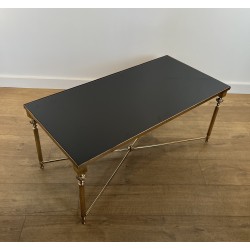 Table Basse Rectangulaire en Laiton et Plateau de Verre Laqué Noir, dans le Goût de la Maison Jansen, Vers 1940