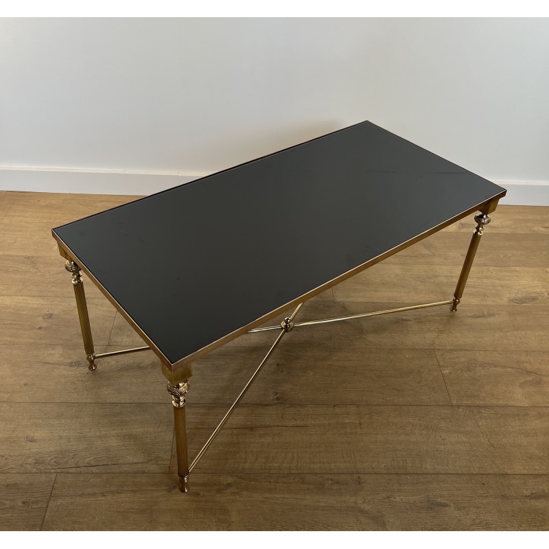 Rectangular Brass Coffee Table with Black Lacquered Glass Top, in the Style of Maison Jansen, Circa 1940