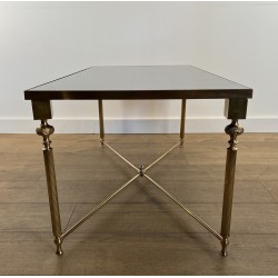 Rectangular Brass Coffee Table with Black Lacquered Glass Top, in the Style of Maison Jansen, Circa 1940