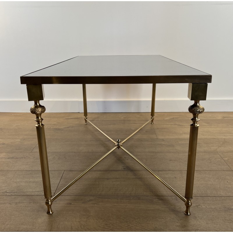 Table Basse Rectangulaire en Laiton et Plateau de Verre Laqué Noir, dans le Goût de la Maison Jansen, Vers 1940