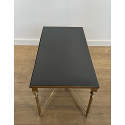 Table Basse Rectangulaire en Laiton et Plateau de Verre Laqué Noir, dans le Goût de la Maison Jansen, Vers 1940