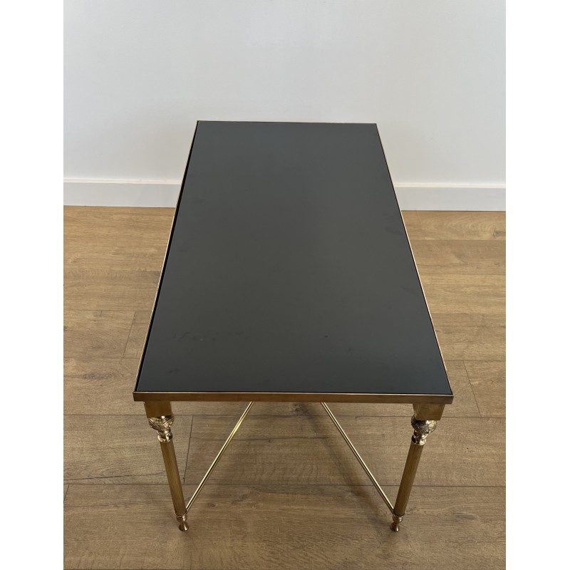 Table Basse Rectangulaire en Laiton et Plateau de Verre Laqué Noir, dans le Goût de la Maison Jansen, Vers 1940