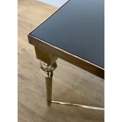 Rectangular Brass Coffee Table with Black Lacquered Glass Top, in the Style of Maison Jansen, Circa 1940