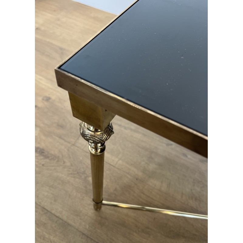 Table Basse Rectangulaire en Laiton et Plateau de Verre Laqué Noir, dans le Goût de la Maison Jansen, Vers 1940
