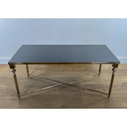 Table Basse Rectangulaire en Laiton et Plateau de Verre Laqué Noir, dans le Goût de la Maison Jansen, Vers 1940