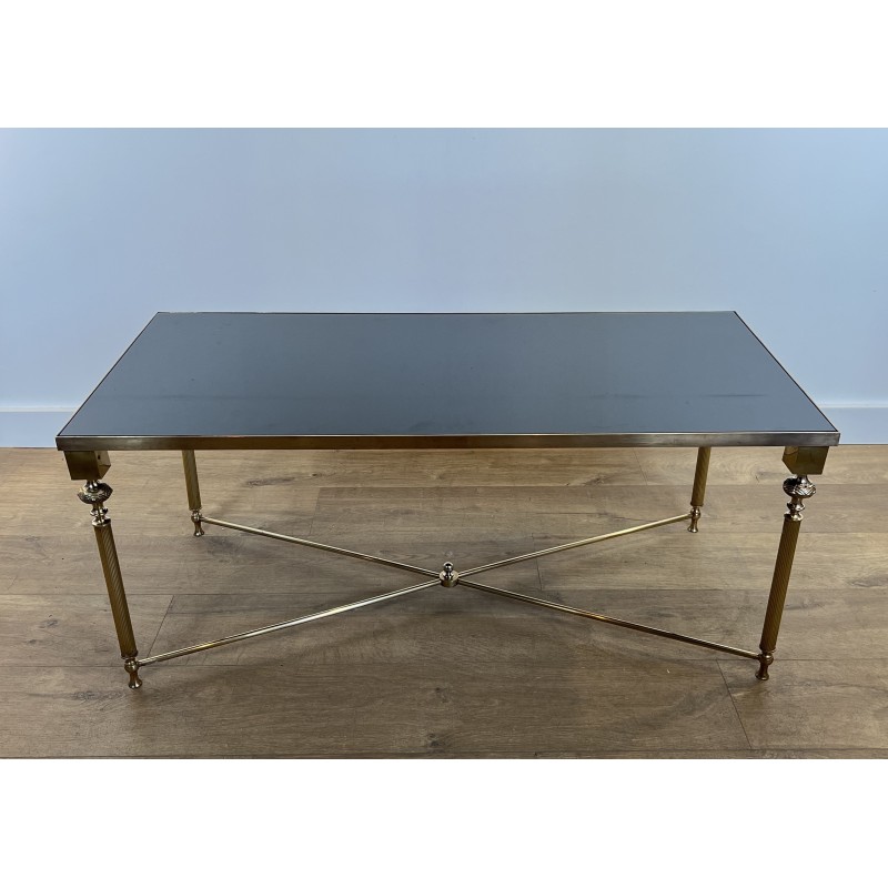 Table Basse Rectangulaire en Laiton et Plateau de Verre Laqué Noir, dans le Goût de la Maison Jansen, Vers 1940