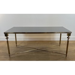 Rectangular Brass Coffee Table with Black Lacquered Glass Top, in the Style of Maison Jansen, Circa 1940