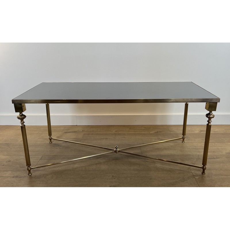 Rectangular Brass Coffee Table with Black Lacquered Glass Top, in the Style of Maison Jansen, Circa 1940