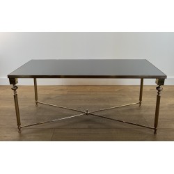 Table Basse Rectangulaire en Laiton et Plateau de Verre Laqué Noir, dans le Goût de la Maison Jansen, Vers 1940