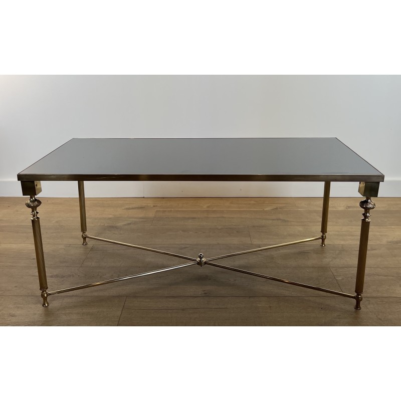 Rectangular Brass Coffee Table with Black Lacquered Glass Top, in the Style of Maison Jansen, Circa 1940
