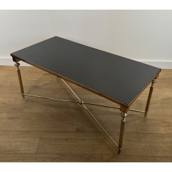 Rectangular Brass Coffee Table with Black Lacquered Glass Top, in the Style of Maison Jansen, Circa 1940