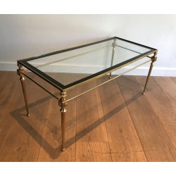 Table Basse Néoclassique en Laiton à Plateau de Verre à Pourtour Laqué Noir, Maison Jansen, Travail Français, Vers 1940