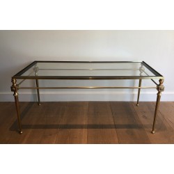 Table Basse Néoclassique en Laiton à Plateau de Verre à Pourtour Laqué Noir, Maison Jansen, Travail Français, Vers 1940
