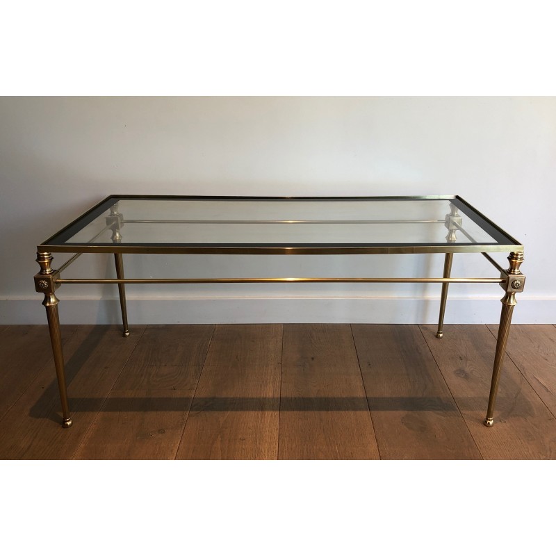 Table Basse Néoclassique en Laiton à Plateau de Verre à Pourtour Laqué Noir, Maison Jansen, Travail Français, Vers 1940
