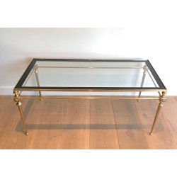 Neoclassical Brass Coffee Table with Glass Top and Black Lacquered Border, Maison Jansen, French Work, Circa 1940
