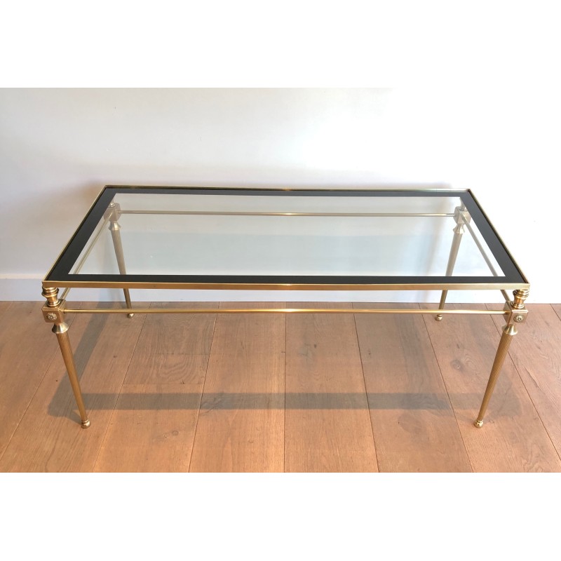 Table Basse Néoclassique en Laiton à Plateau de Verre à Pourtour Laqué Noir, Maison Jansen, Travail Français, Vers 1940