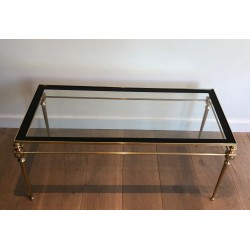 Table Basse Néoclassique en Laiton à Plateau de Verre à Pourtour Laqué Noir, Maison Jansen, Travail Français, Vers 1940