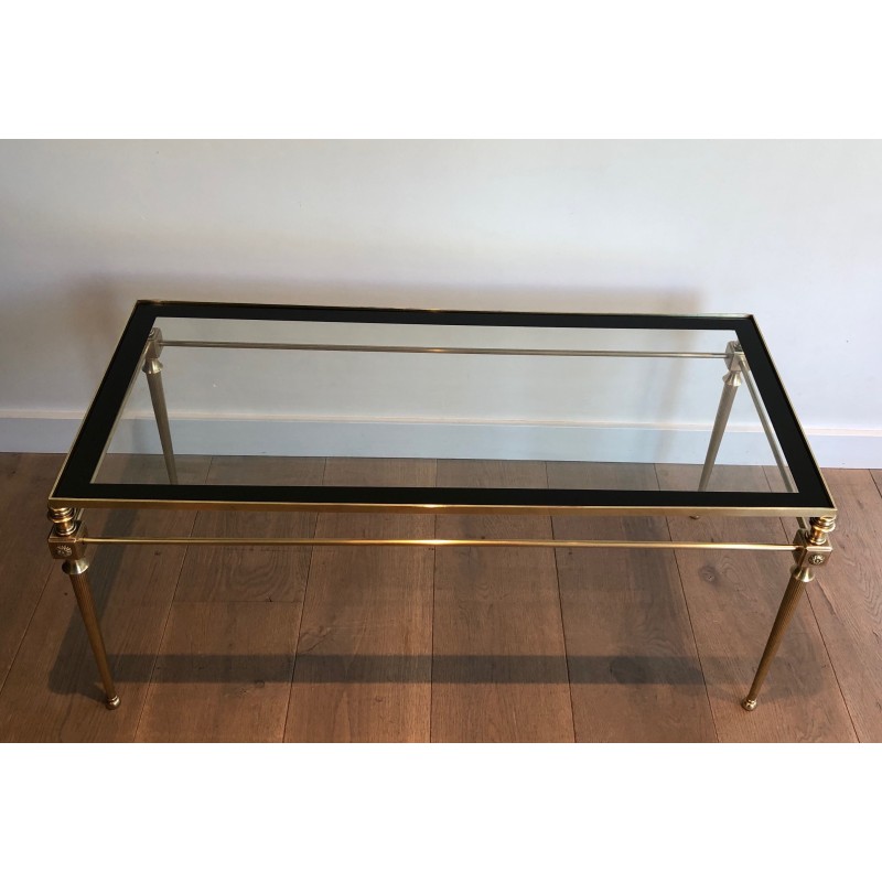 Neoclassical Brass Coffee Table with Glass Top and Black Lacquered Border, Maison Jansen, French Work, Circa 1940