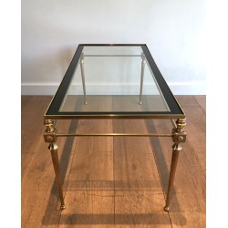 Neoclassical Brass Coffee Table with Glass Top and Black Lacquered Border, Maison Jansen, French Work, Circa 1940