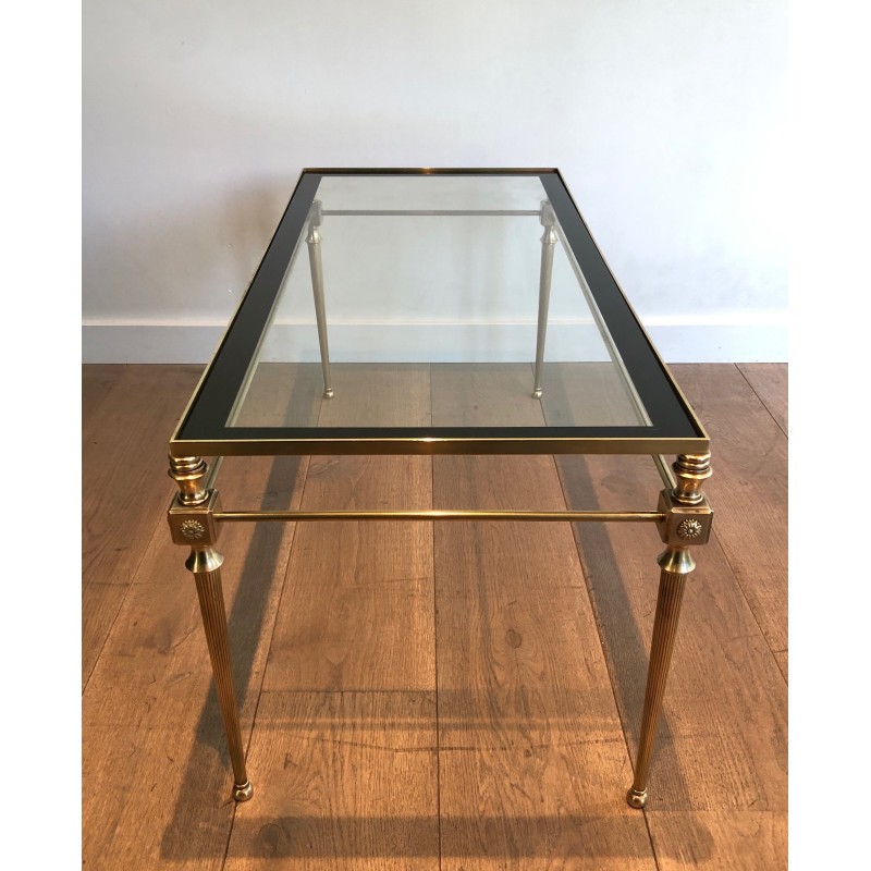 Table Basse Néoclassique en Laiton à Plateau de Verre à Pourtour Laqué Noir, Maison Jansen, Travail Français, Vers 1940