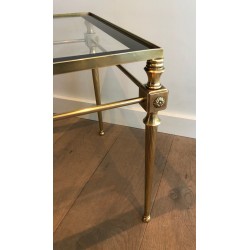 Table Basse Néoclassique en Laiton à Plateau de Verre à Pourtour Laqué Noir, Maison Jansen, Travail Français, Vers 1940