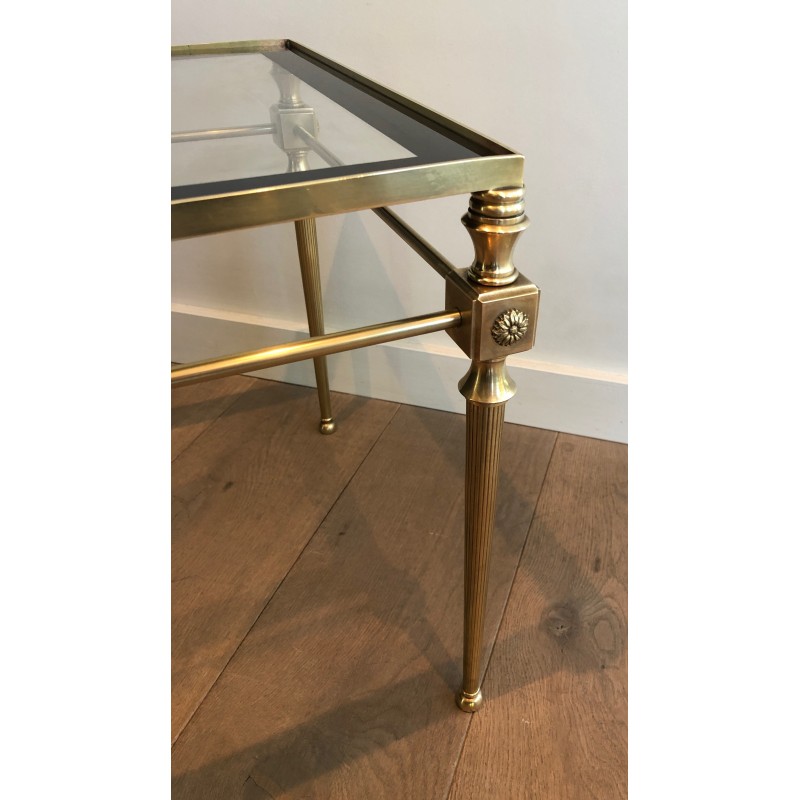 Table Basse Néoclassique en Laiton à Plateau de Verre à Pourtour Laqué Noir, Maison Jansen, Travail Français, Vers 1940