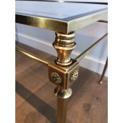 Table Basse Néoclassique en Laiton à Plateau de Verre à Pourtour Laqué Noir, Maison Jansen, Travail Français, Vers 1940