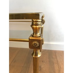 Table Basse Néoclassique en Laiton à Plateau de Verre à Pourtour Laqué Noir, Maison Jansen, Travail Français, Vers 1940