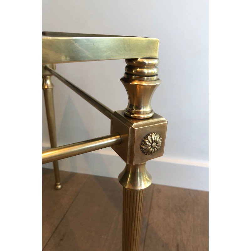 Neoclassical Brass Coffee Table with Glass Top and Black Lacquered Border, Maison Jansen, French Work, Circa 1940