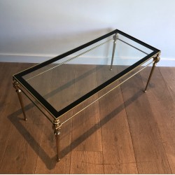 Table Basse Néoclassique en Laiton à Plateau de Verre à Pourtour Laqué Noir, Maison Jansen, Travail Français, Vers 1940