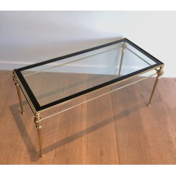 Neoclassical Brass Coffee Table with Glass Top and Black Lacquered Border, Maison Jansen, French Work, Circa 1940