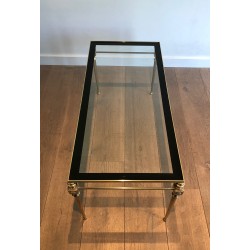 Neoclassical Brass Coffee Table with Glass Top and Black Lacquered Border, Maison Jansen, French Work, Circa 1940