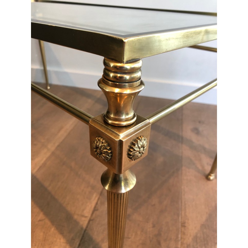 Neoclassical Brass Coffee Table with Glass Top and Black Lacquered Border, Maison Jansen, French Work, Circa 1940