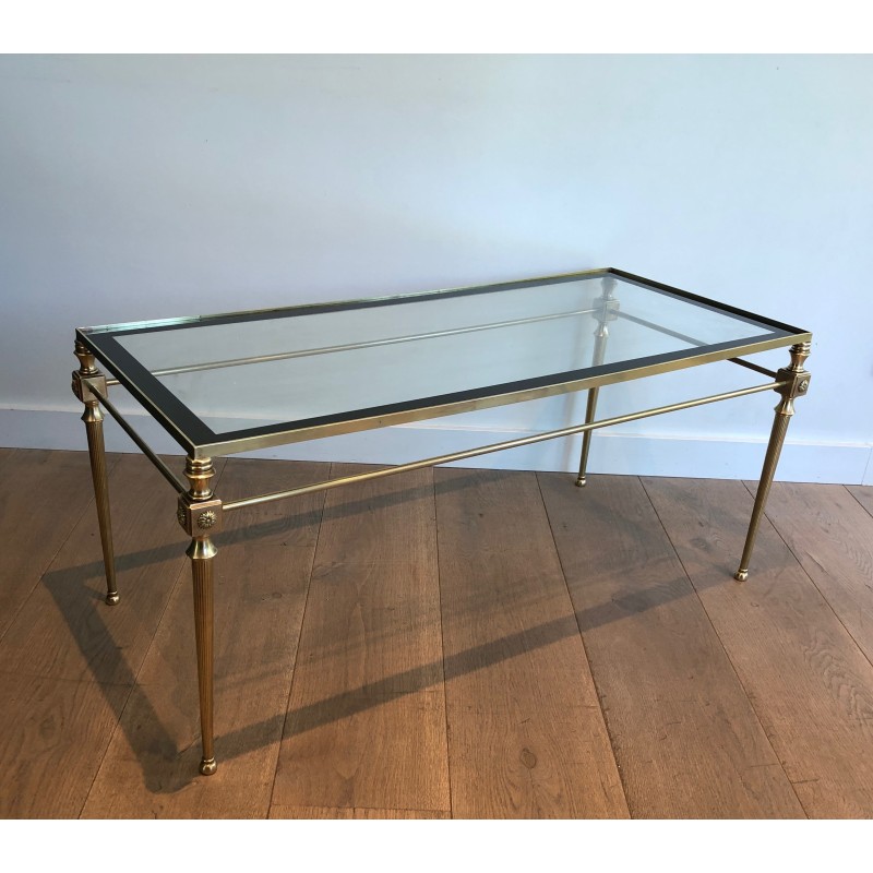Neoclassical Brass Coffee Table with Glass Top and Black Lacquered Border, Maison Jansen, French Work, Circa 1940