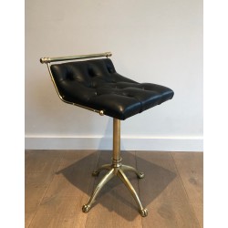 Brass Stool with Claw Feet and Tufted Leather Seat, in the Style of Maison Jansen, French Work, Circa 1940