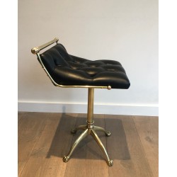 Brass Stool with Claw Feet and Tufted Leather Seat, in the Style of Maison Jansen, French Work, Circa 1940