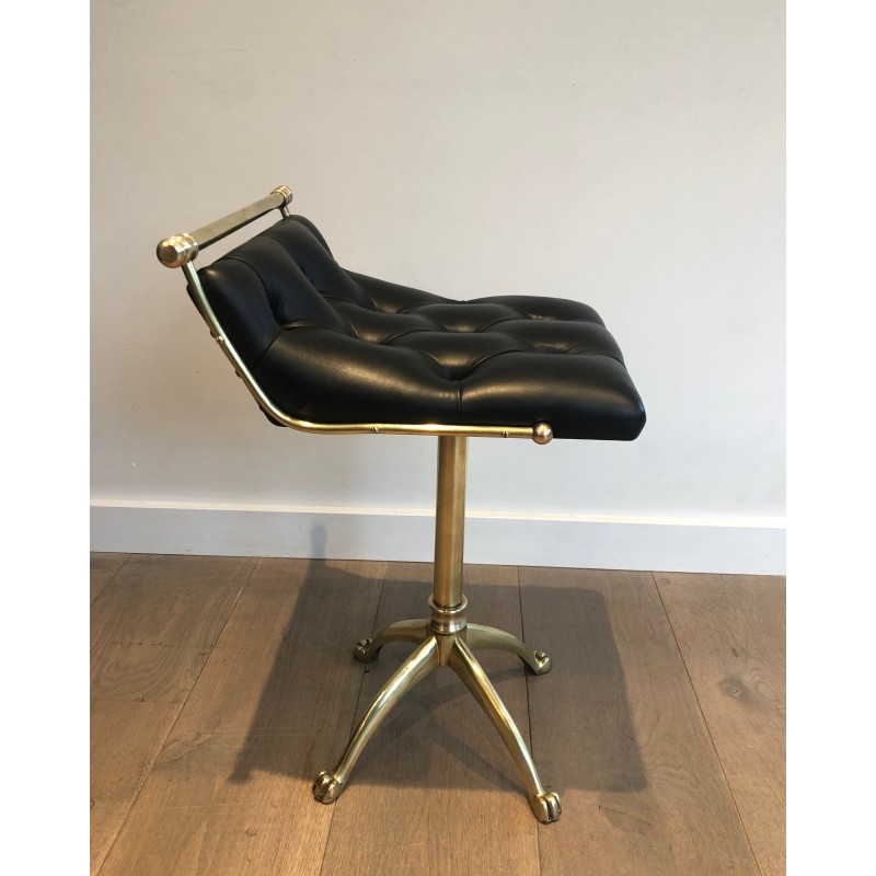 Brass Stool with Claw Feet and Tufted Leather Seat, in the Style of Maison Jansen, French Work, Circa 1940