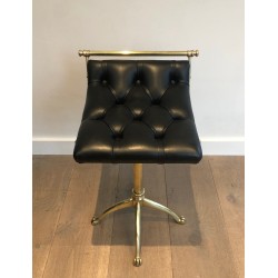 Brass Stool with Claw Feet and Tufted Leather Seat, in the Style of Maison Jansen, French Work, Circa 1940
