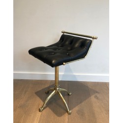 Brass Stool with Claw Feet and Tufted Leather Seat, in the Style of Maison Jansen, French Work, Circa 1940